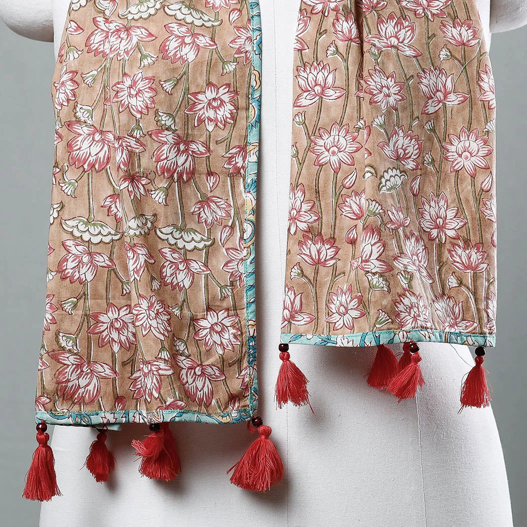 Beige - Sanganeri Block Printed Cotton Stole with Tassels