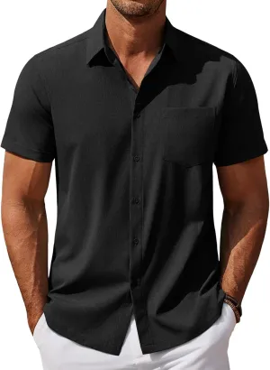 COOFANDY Mens Cool Button Down Shirt Short Sleeve Summer Beach Shirts Linen Texture Casual Shirts with Pocket