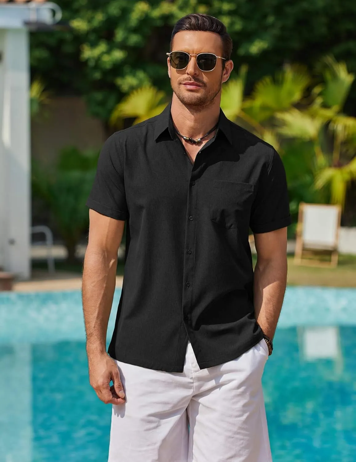 COOFANDY Mens Cool Button Down Shirt Short Sleeve Summer Beach Shirts Linen Texture Casual Shirts with Pocket