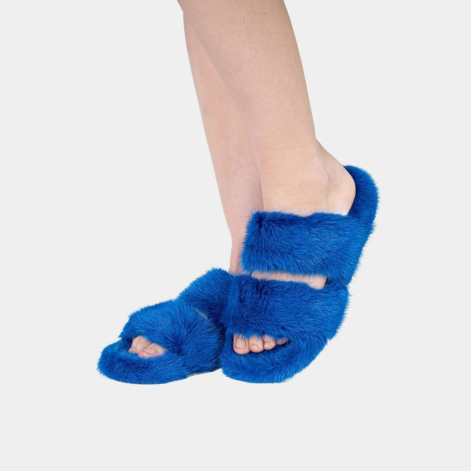 CORTINA - Double band slipper with fur mink Blue
