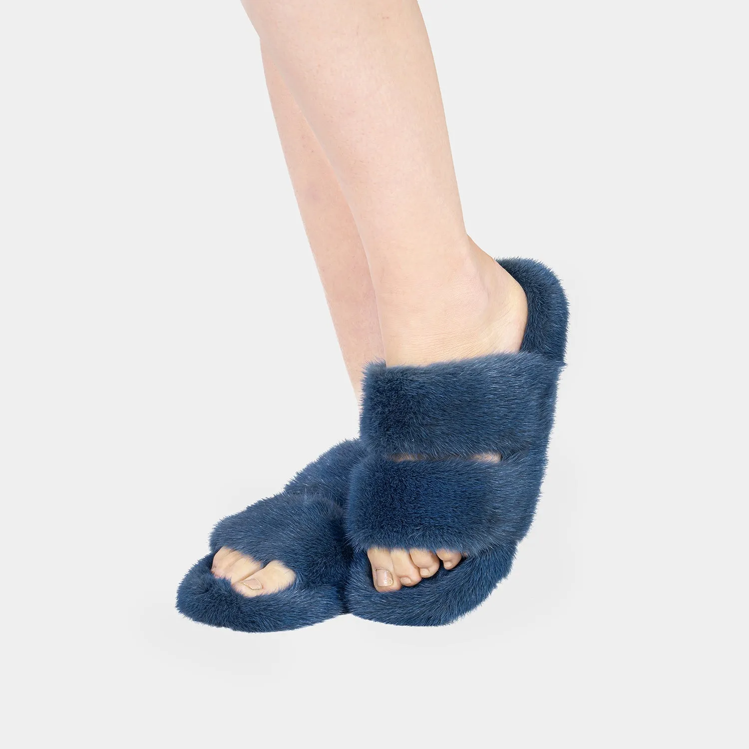 CORTINA - Slipper double band with Fur by mink Blue Ocean