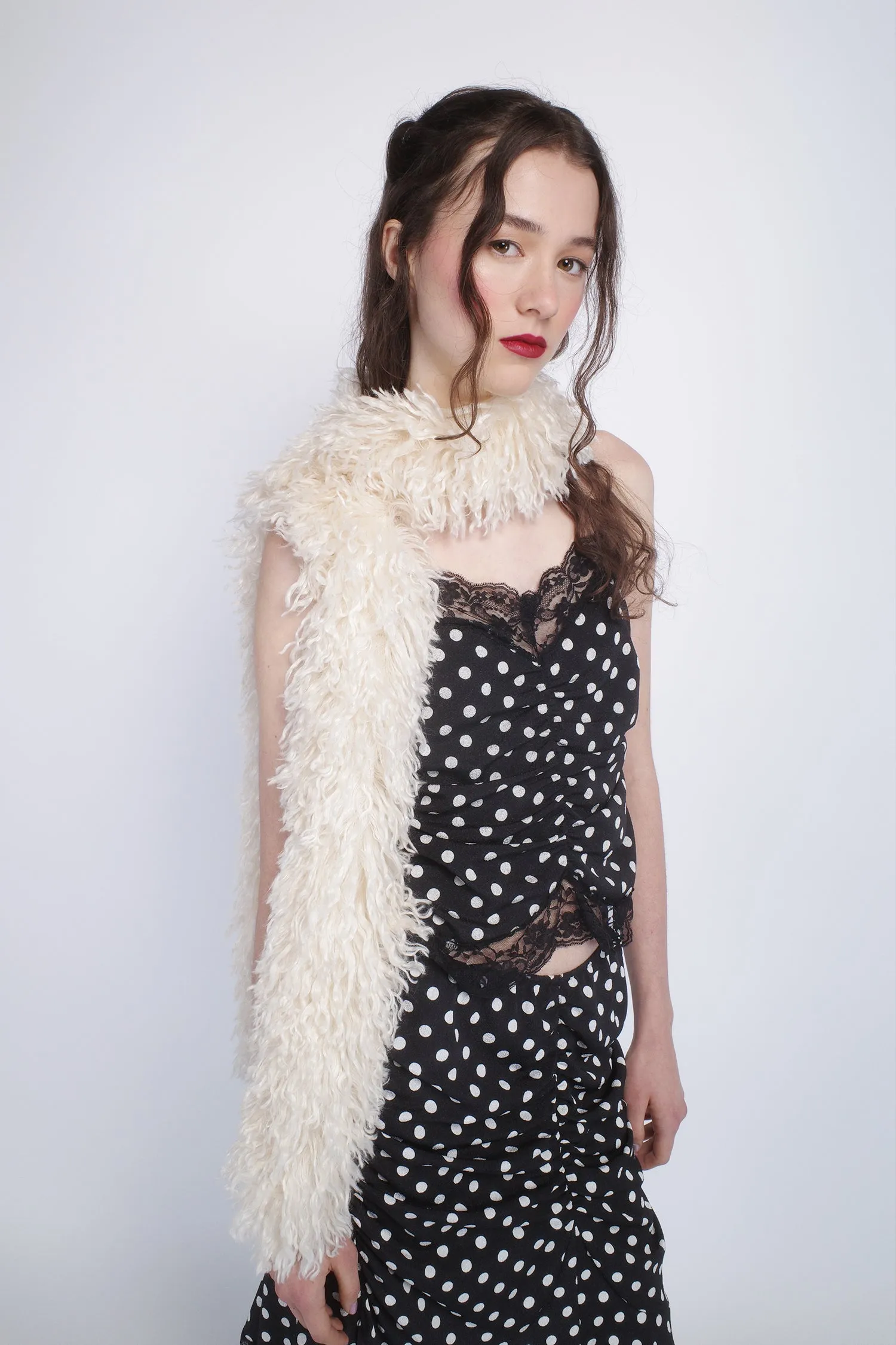 Faux Curly Lamb Fur Long Scarf-White