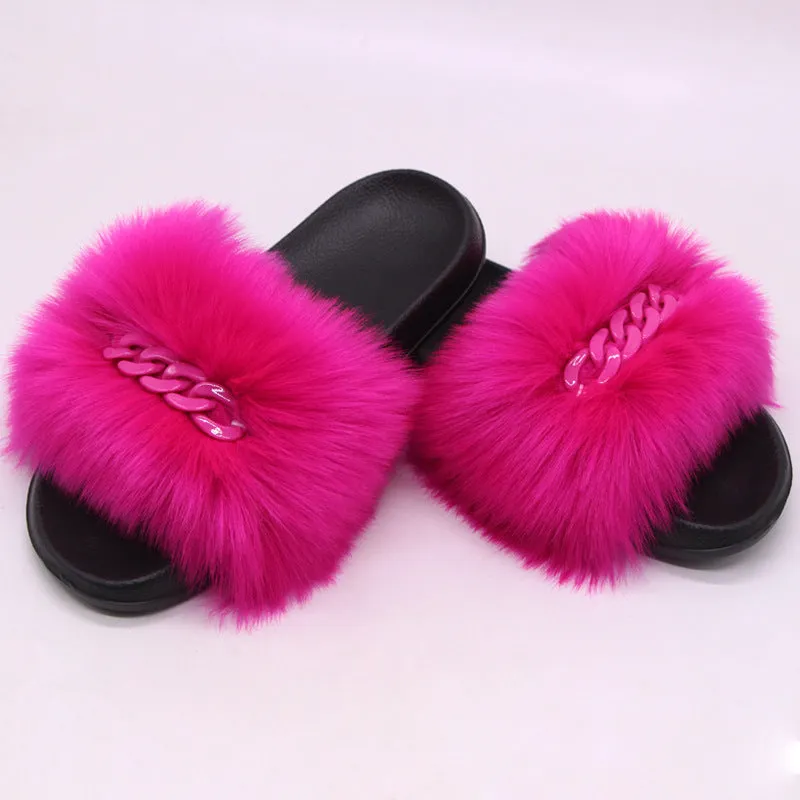Faux-Fox Fur Slippers for Women with Color Links