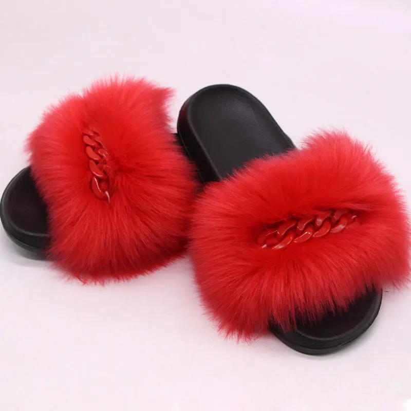 Faux-Fox Fur Slippers for Women with Color Links