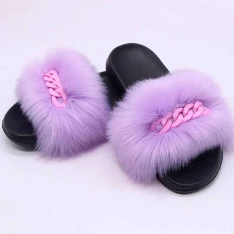 Faux-Fox Fur Slippers for Women with Color Links