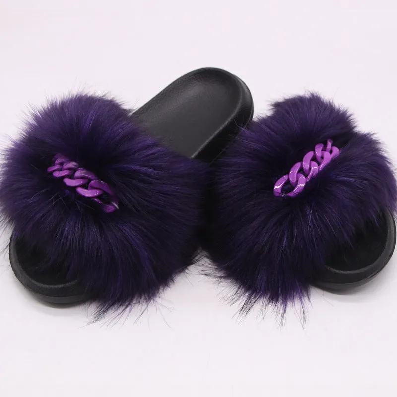 Faux-Fox Fur Slippers for Women with Color Links