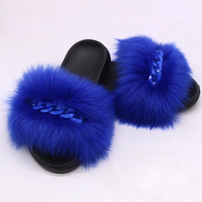 Faux-Fox Fur Slippers for Women with Color Links