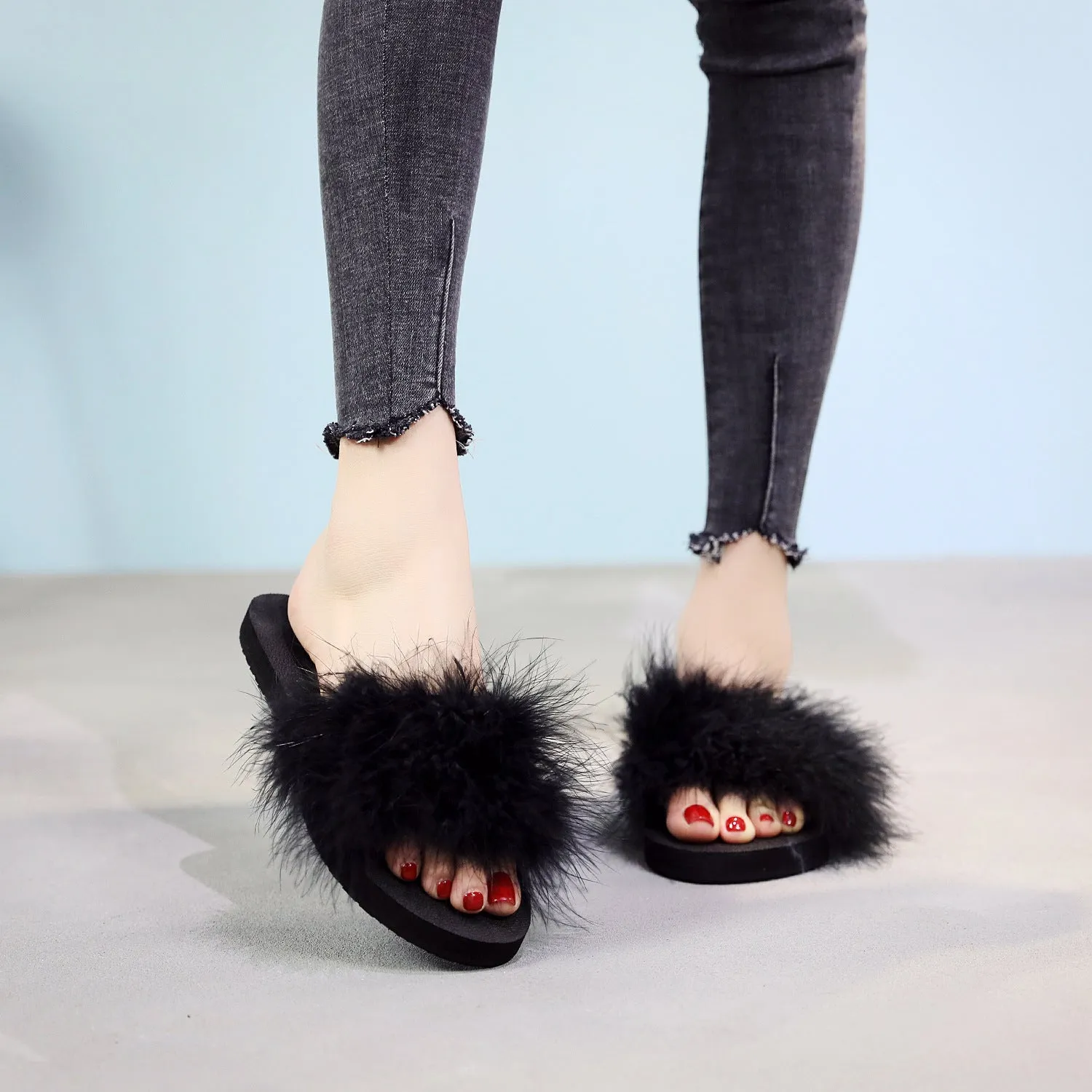 Faux-Fur Ostrich Slippers for Women