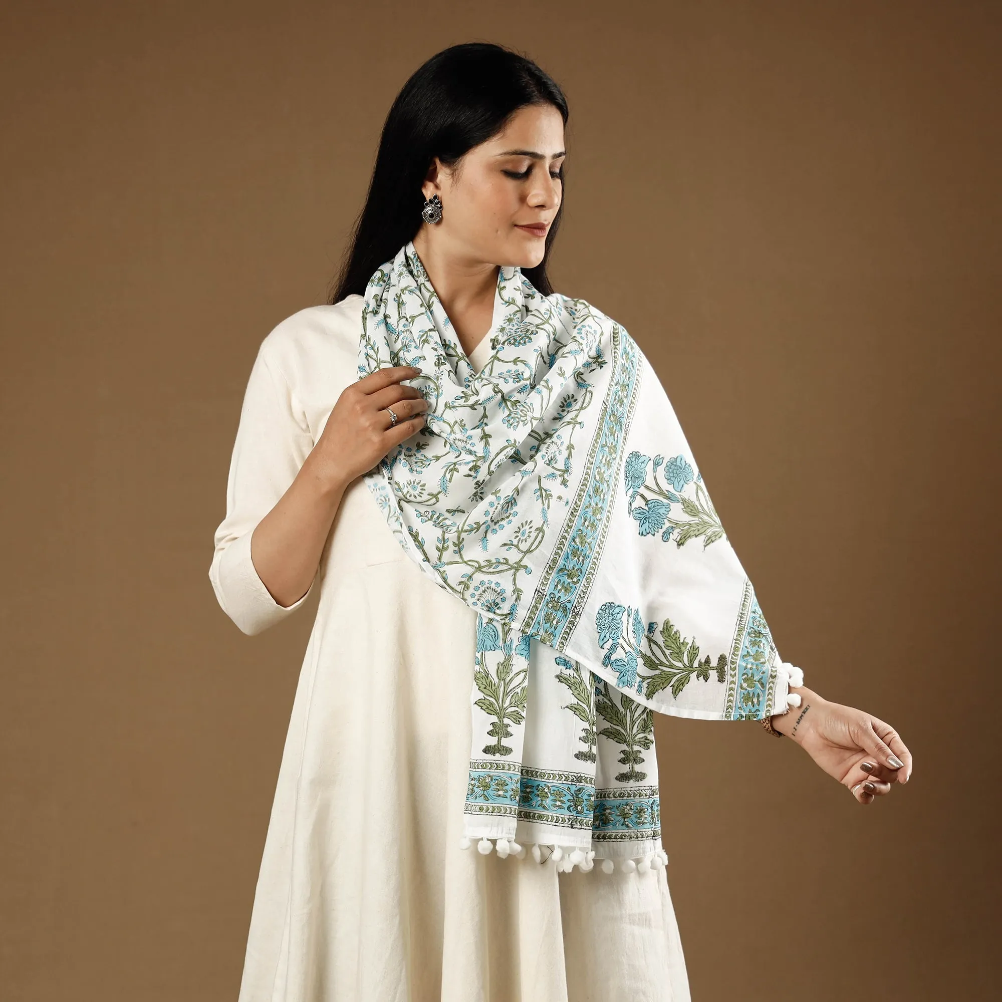 Gulshan Bagh White with Blue Sanganeri Block Printed Cotton Stole with Pom Pom 04