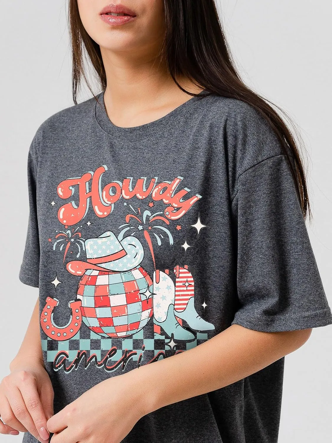 Howdy American Western Shirt Red White Blue Graphic 4th of July Shirt Oversized Tee Tops