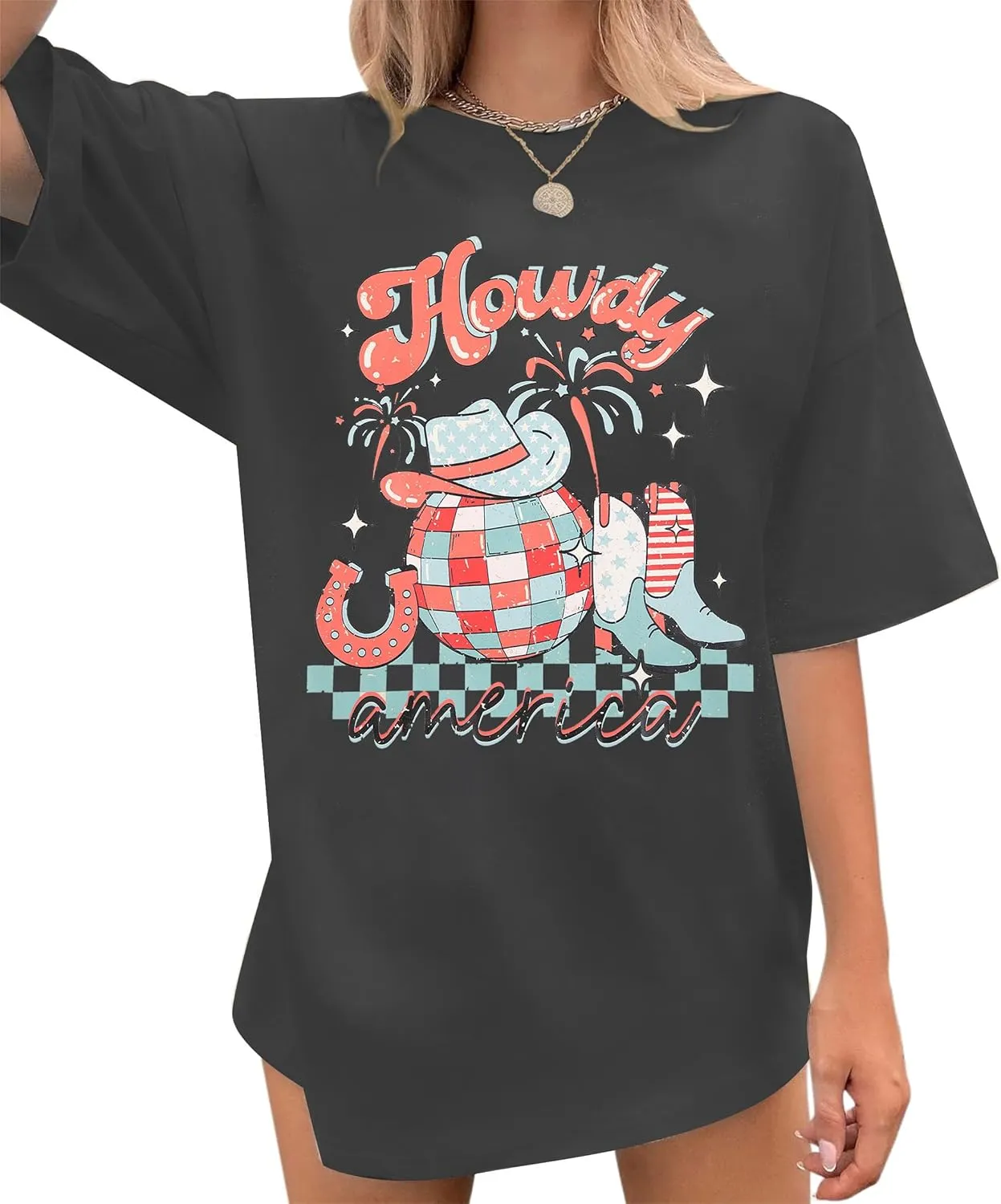 Howdy American Western Shirt Red White Blue Graphic 4th of July Shirt Oversized Tee Tops