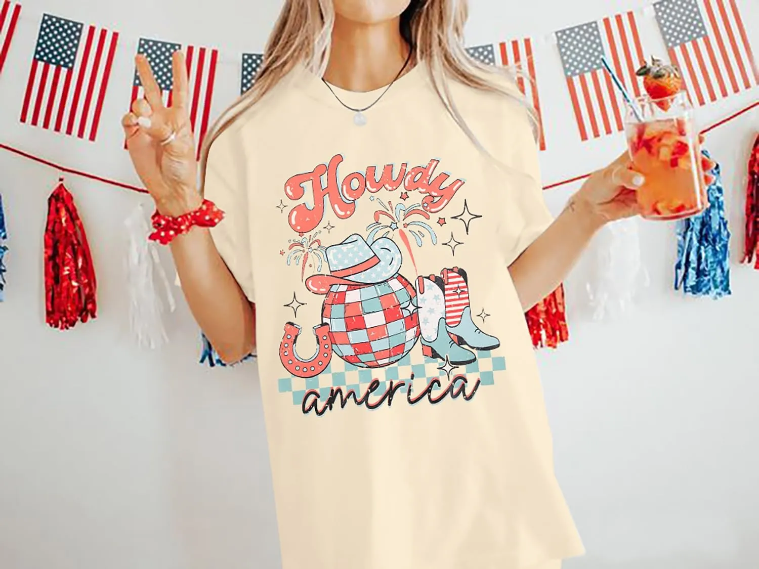 Howdy American Western Shirt Red White Blue Graphic 4th of July Shirt Oversized Tee Tops