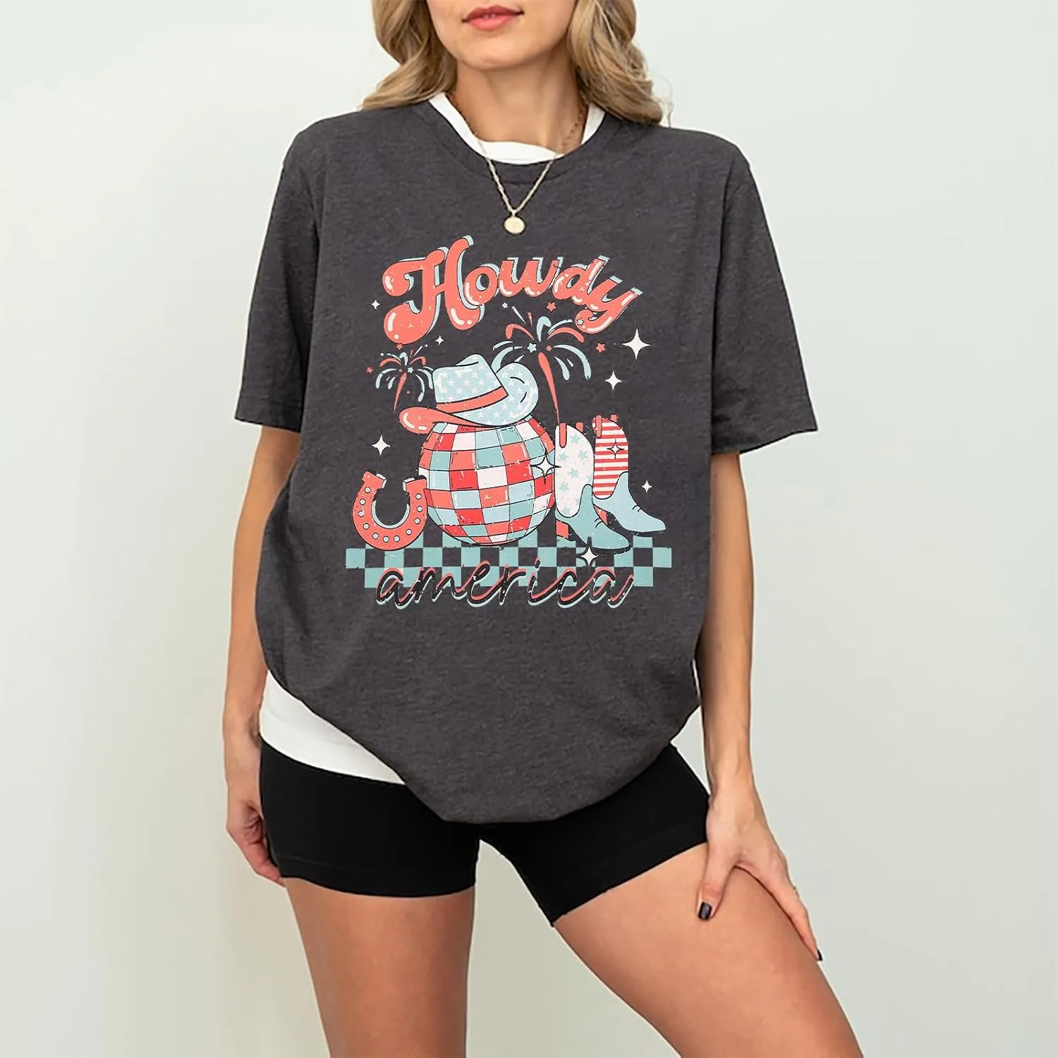 Howdy American Western Shirt Red White Blue Graphic 4th of July Shirt Oversized Tee Tops