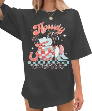 Howdy American Western Shirt Red White Blue Graphic 4th of July Shirt Oversized Tee Tops