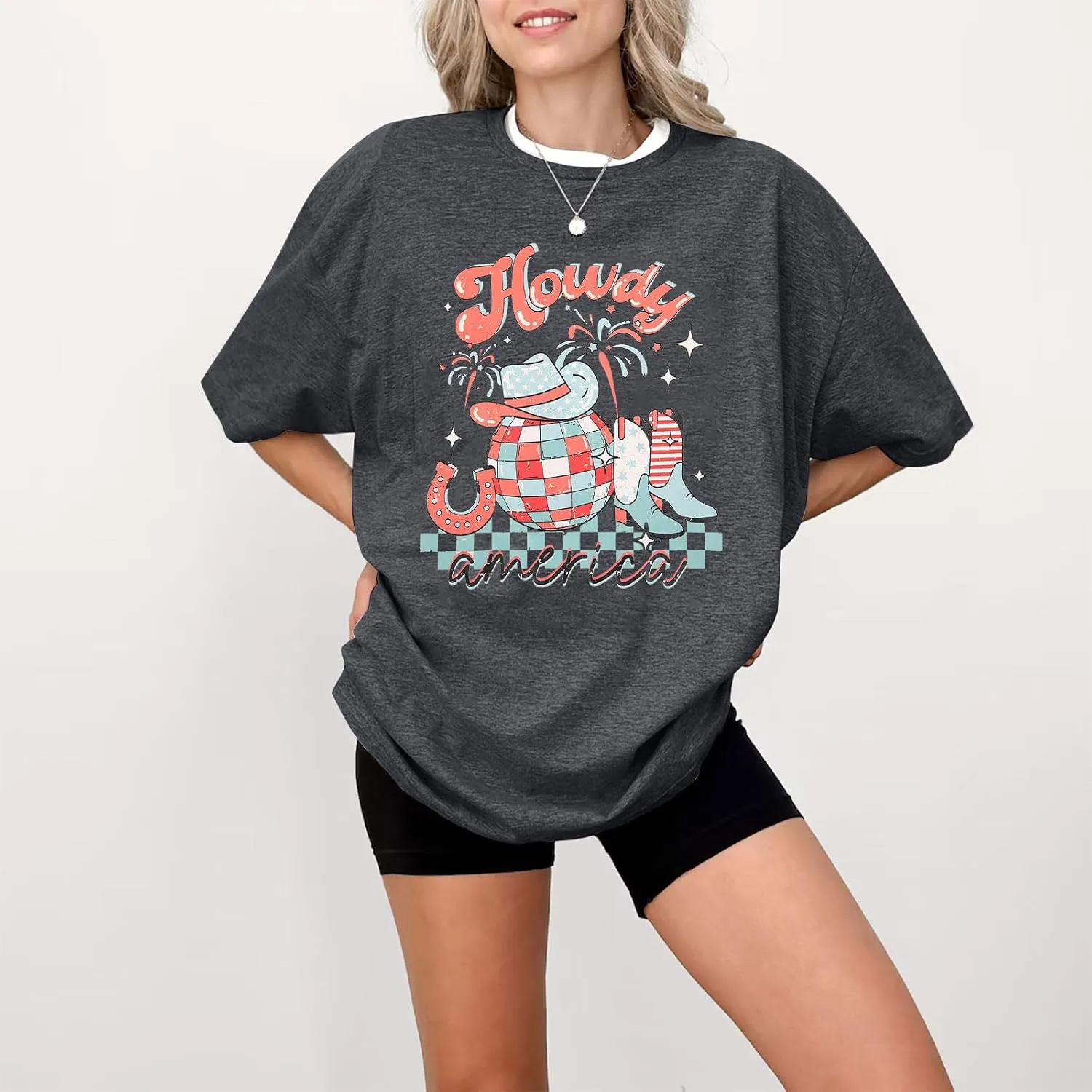 Howdy American Western Shirt Red White Blue Graphic 4th of July Shirt Oversized Tee Tops