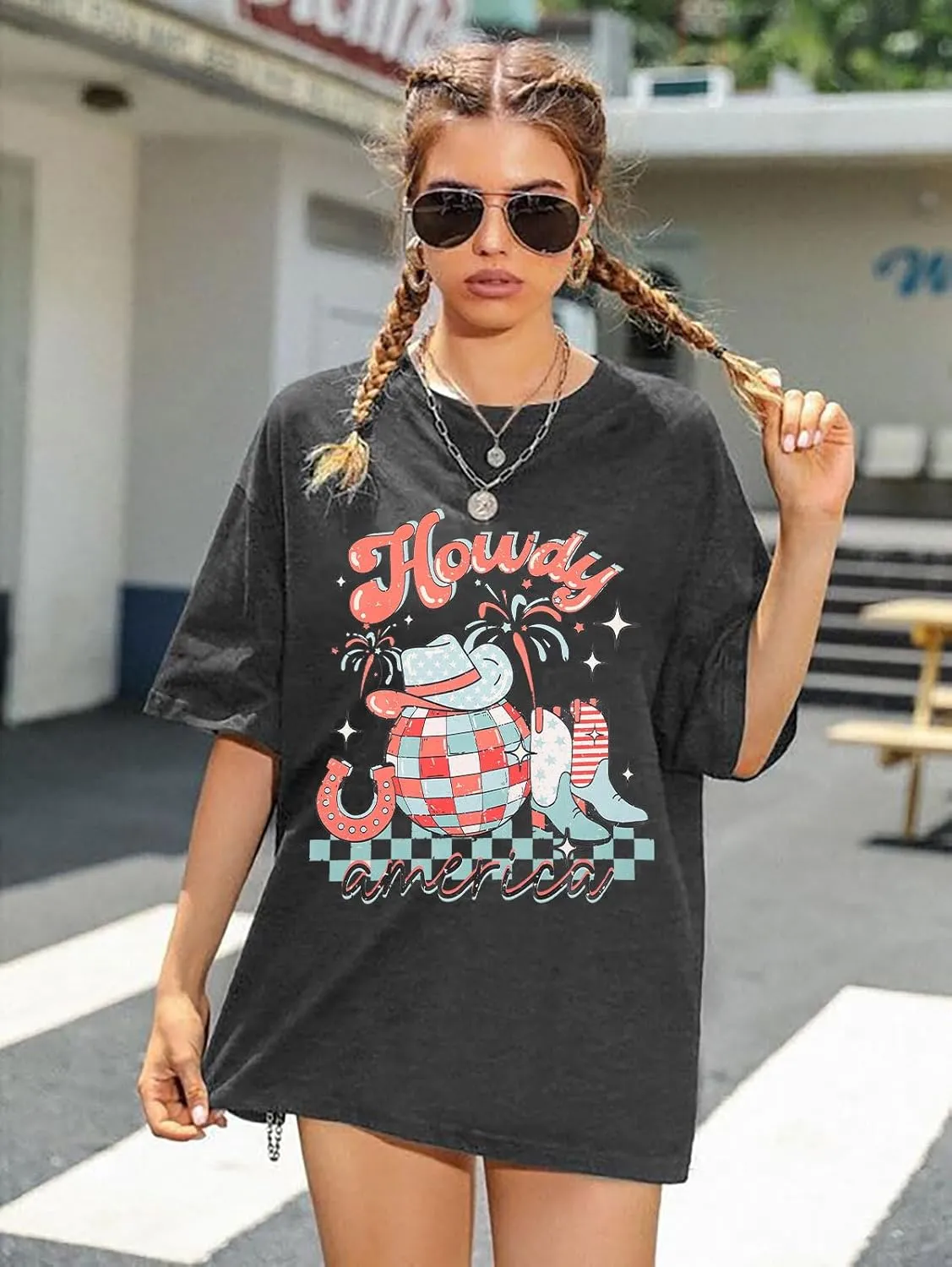 Howdy American Western Shirt Red White Blue Graphic 4th of July Shirt Oversized Tee Tops