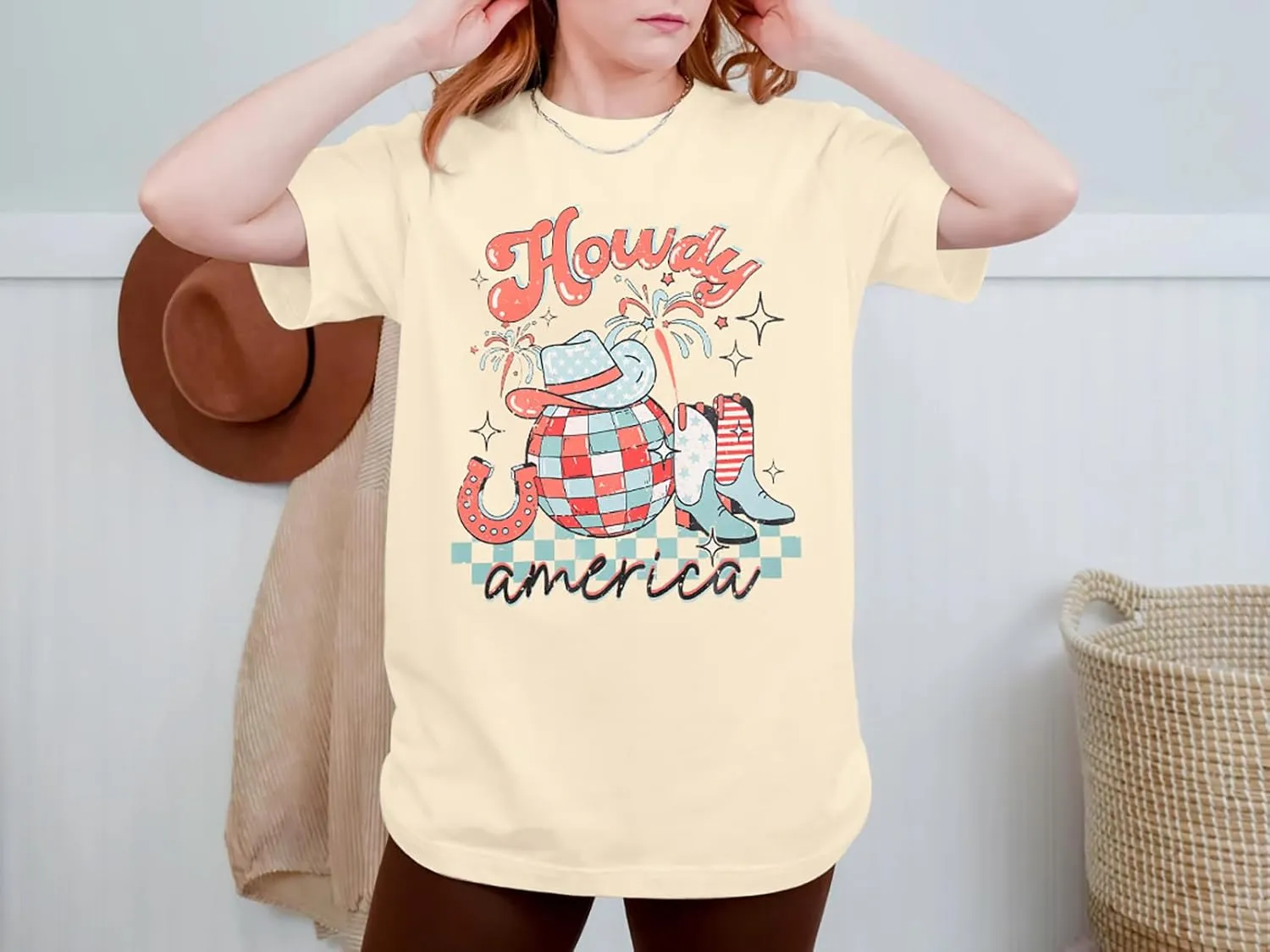 Howdy American Western Shirt Red White Blue Graphic 4th of July Shirt Oversized Tee Tops