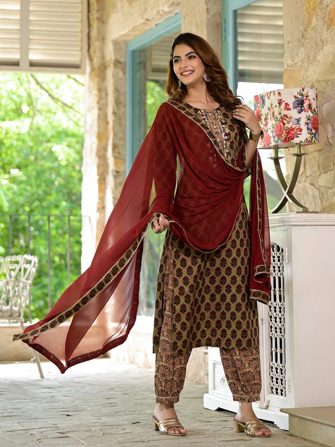 Jashvi Brown Straight fit Zardozi Work Knee Long Cotton Kurta Set for women