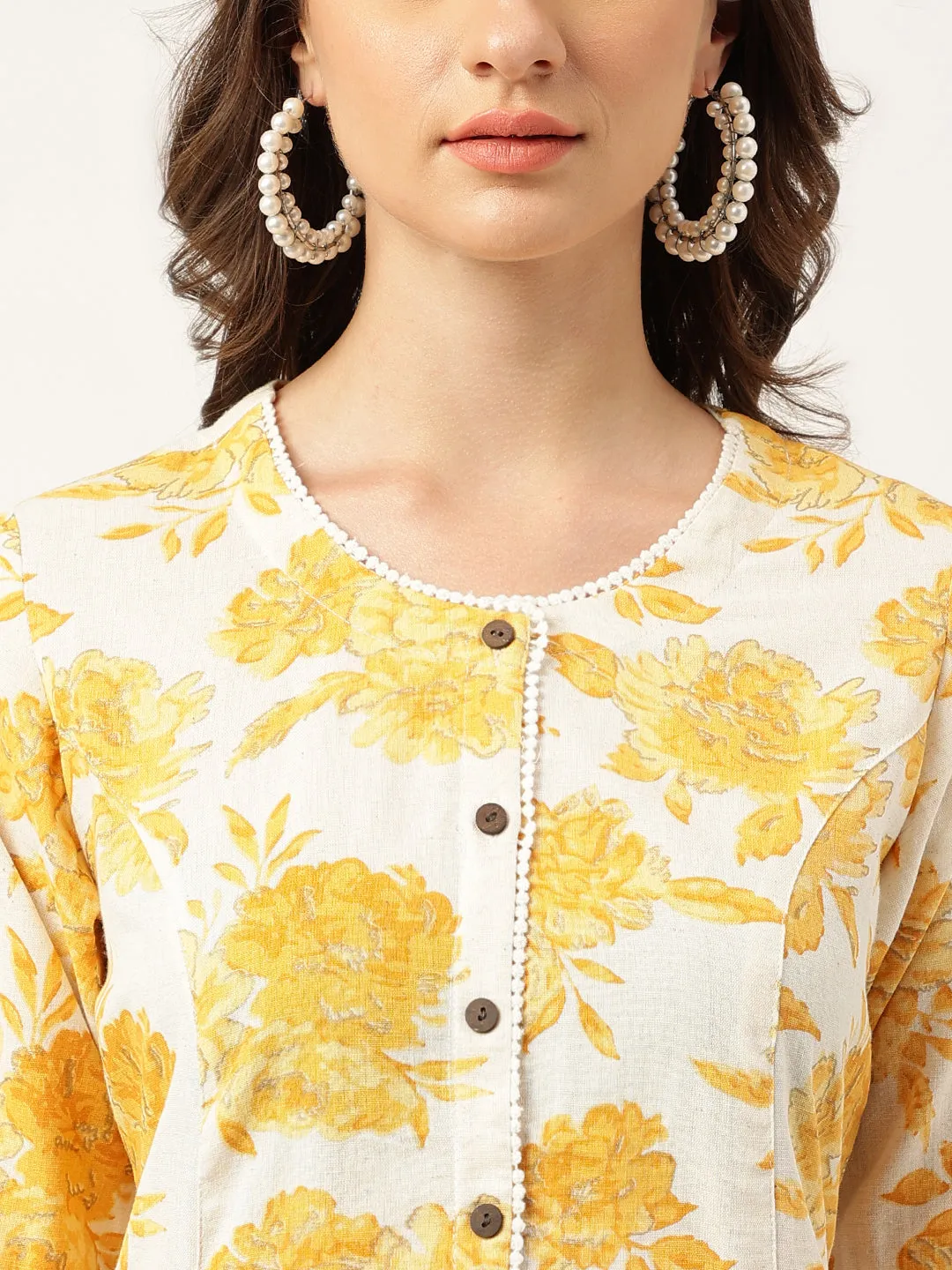 Jashvi Mustard Floral Printed A-Line Cotton Kurta