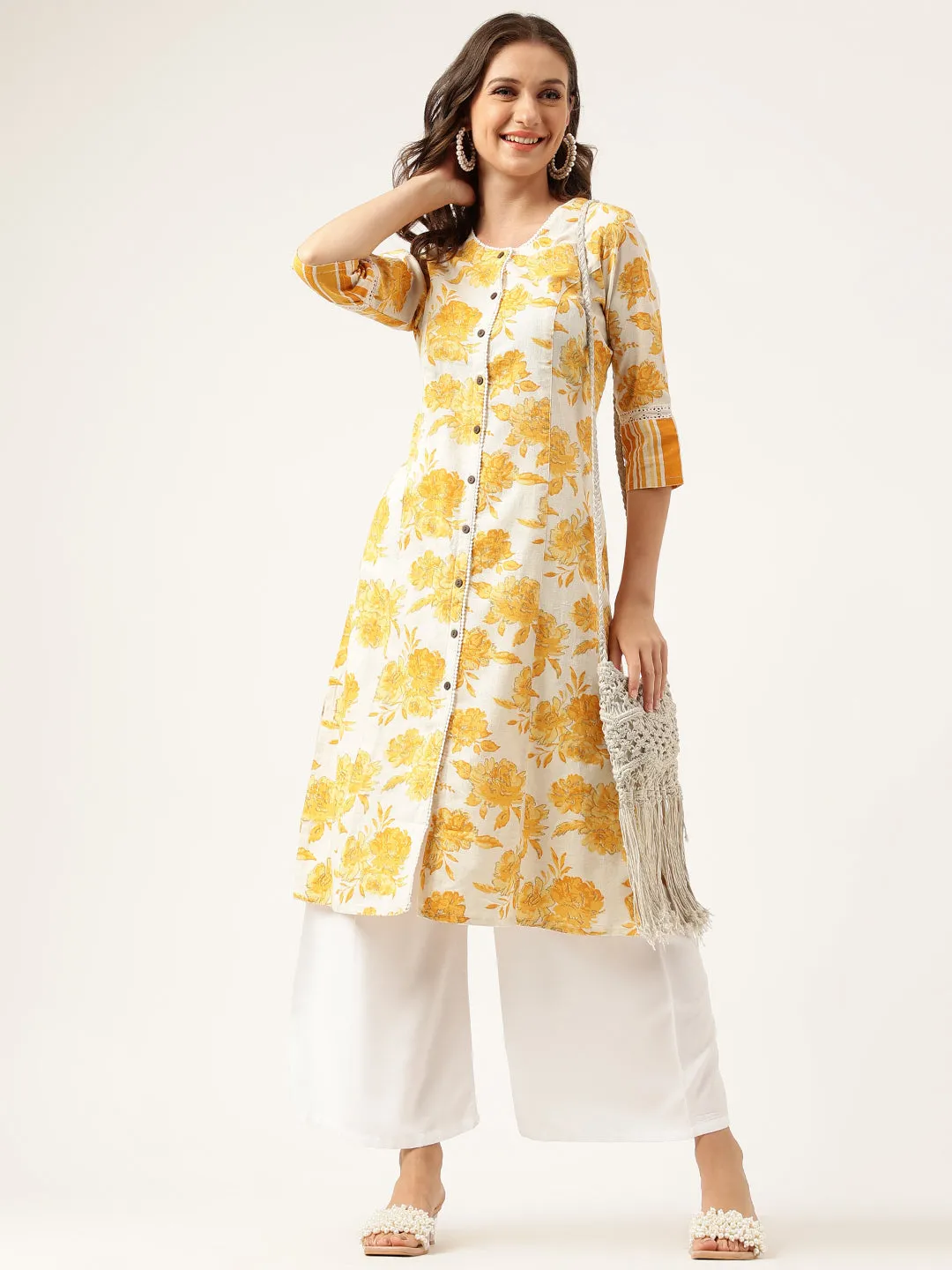 Jashvi Mustard Floral Printed A-Line Cotton Kurta