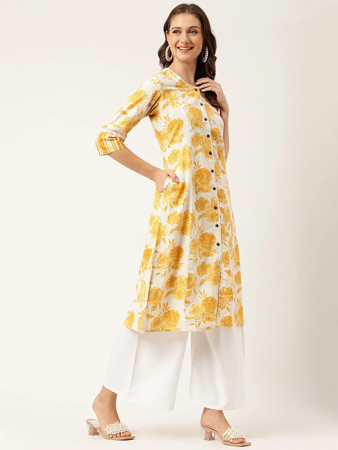 Jashvi Mustard Floral Printed A-Line Cotton Kurta