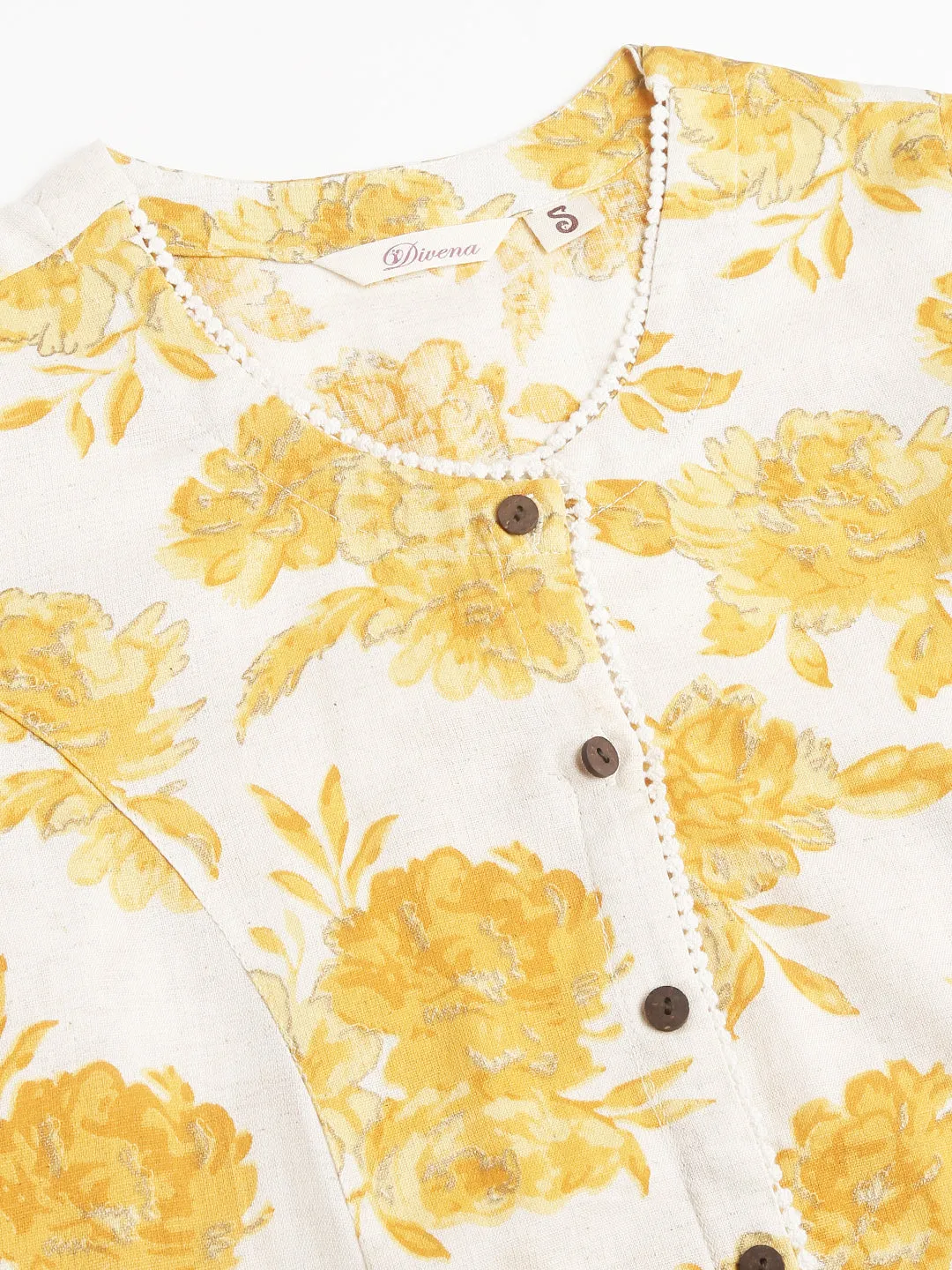 Jashvi Mustard Floral Printed A-Line Cotton Kurta