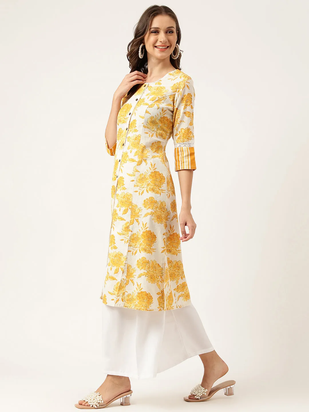 Jashvi Mustard Floral Printed A-Line Cotton Kurta