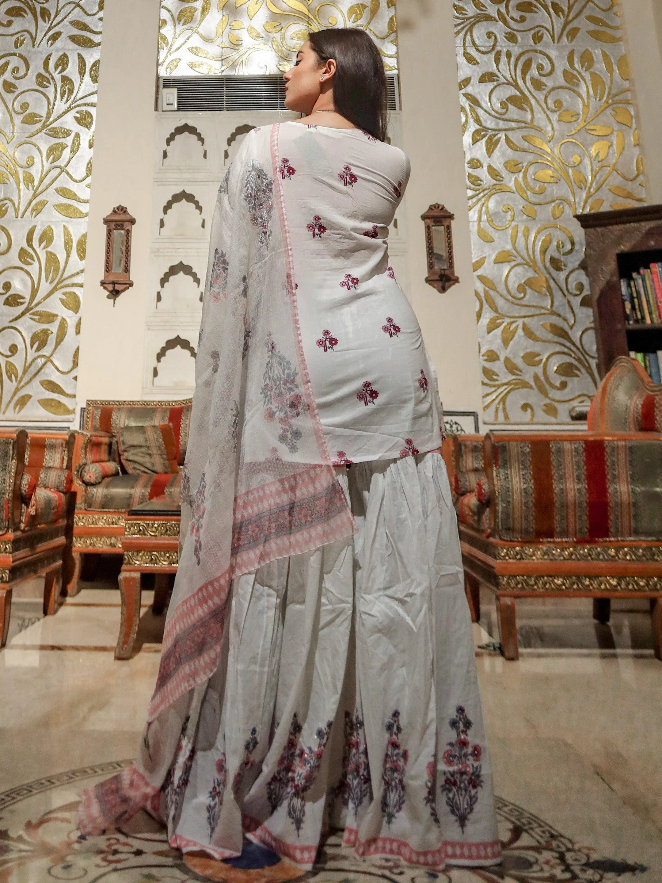 Jashvi White Cotton Kurti Sharara With Kota Dori Dupatta