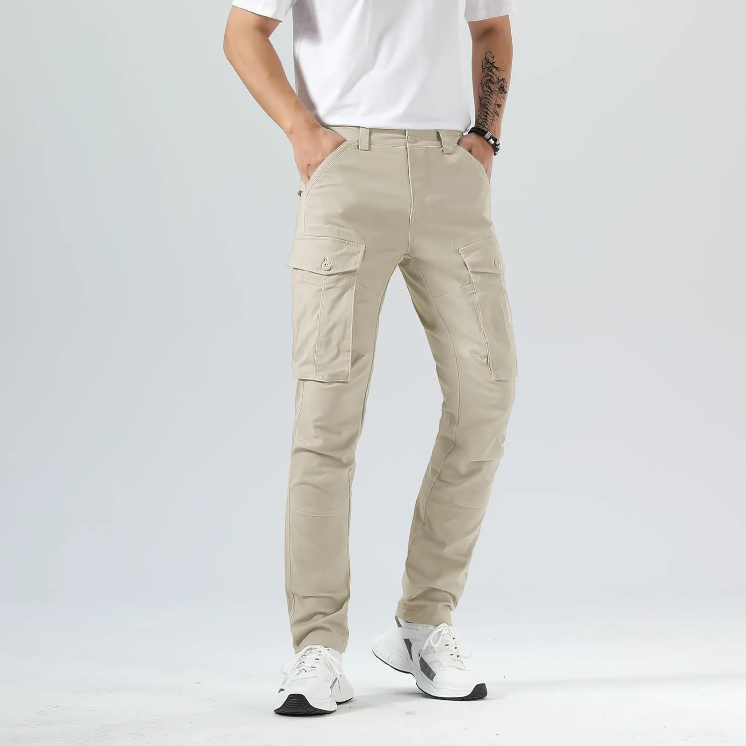 Plaid&Plain Men's Cargo Pants Slim Fit with Articulated Knees