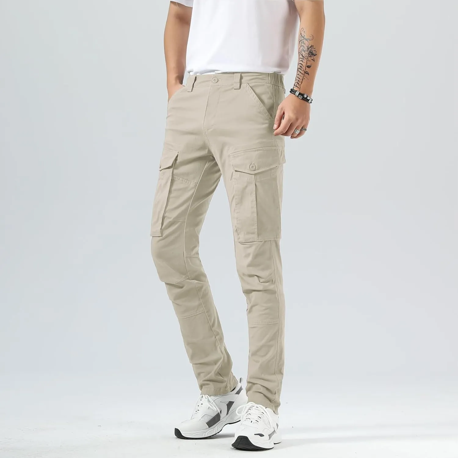 Plaid&Plain Men's Cargo Pants Slim Fit with Articulated Knees