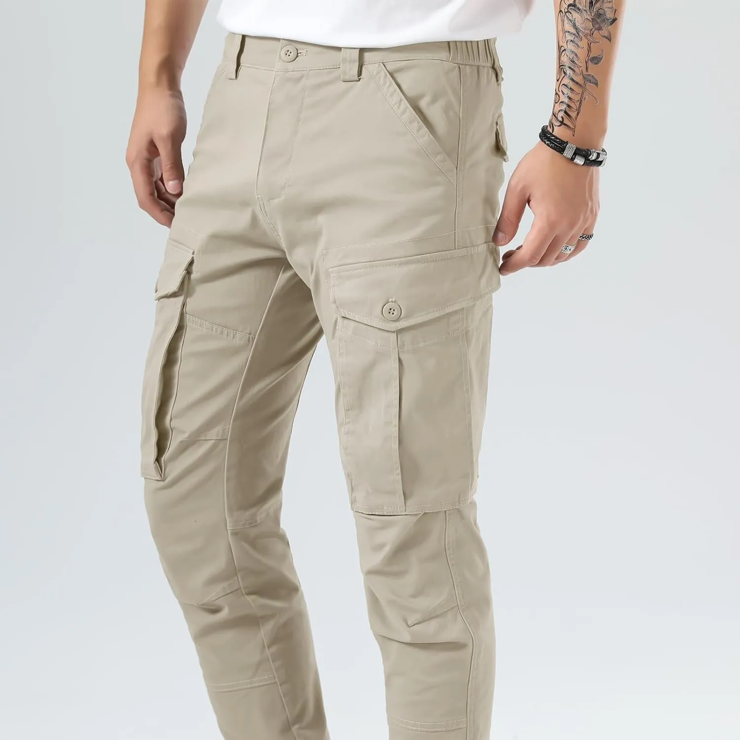 Plaid&Plain Men's Cargo Pants Slim Fit with Articulated Knees