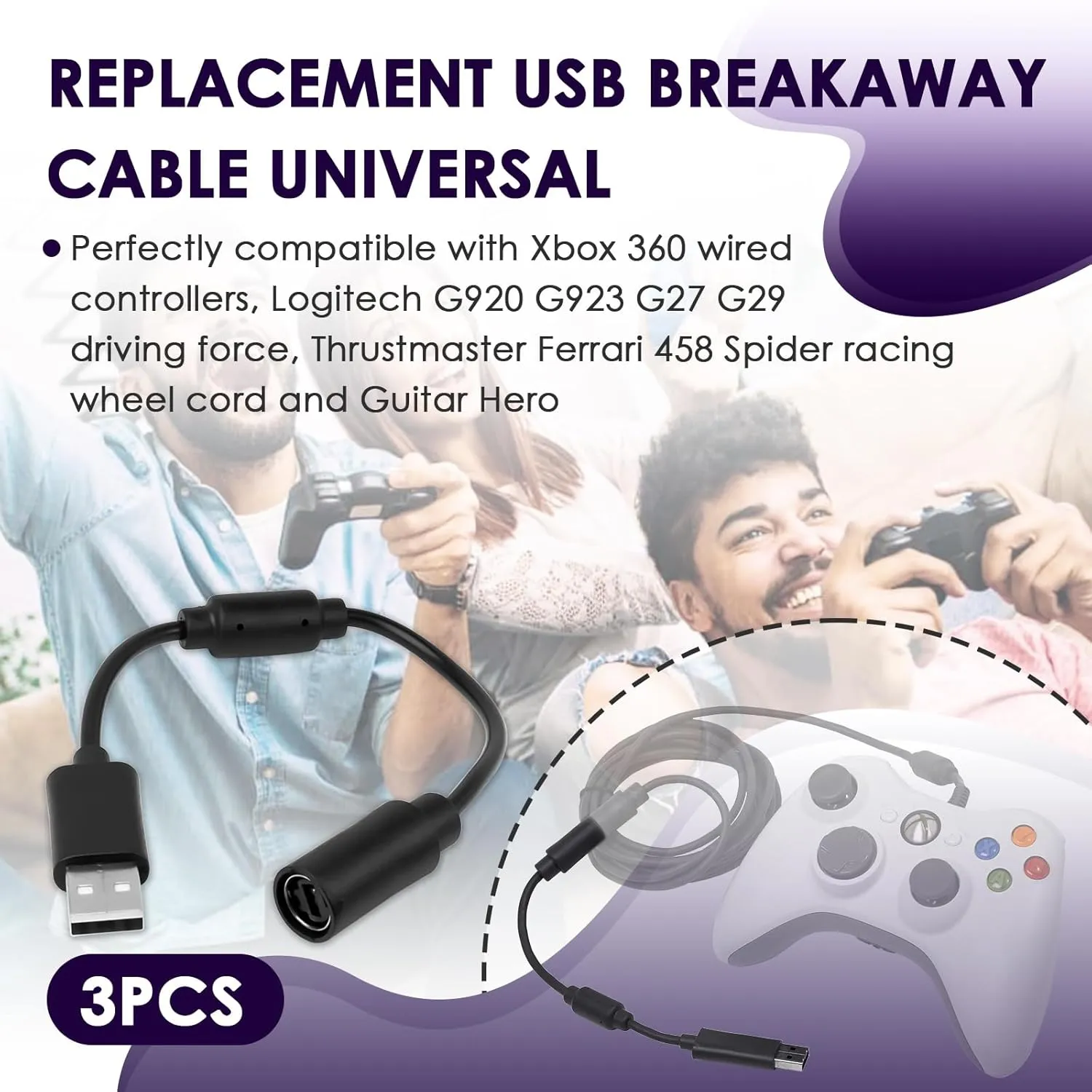 USB Breakaway Cable for Xbox 360, Rocksmith Real Tone Cable, Xbox Controller Cord, Xbox USB Adapter, Guitar Hero Dongle , Compatible with Logitech G920 G923 G27 & Thrustmaster 458 Spider Racing Wheel