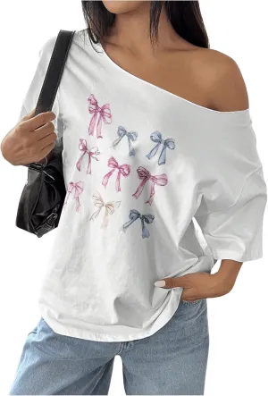 Women's Off The Shoulder Tops Floral Graphic Oversized Tshirts Shirts Y2k Summer Tops Trendy