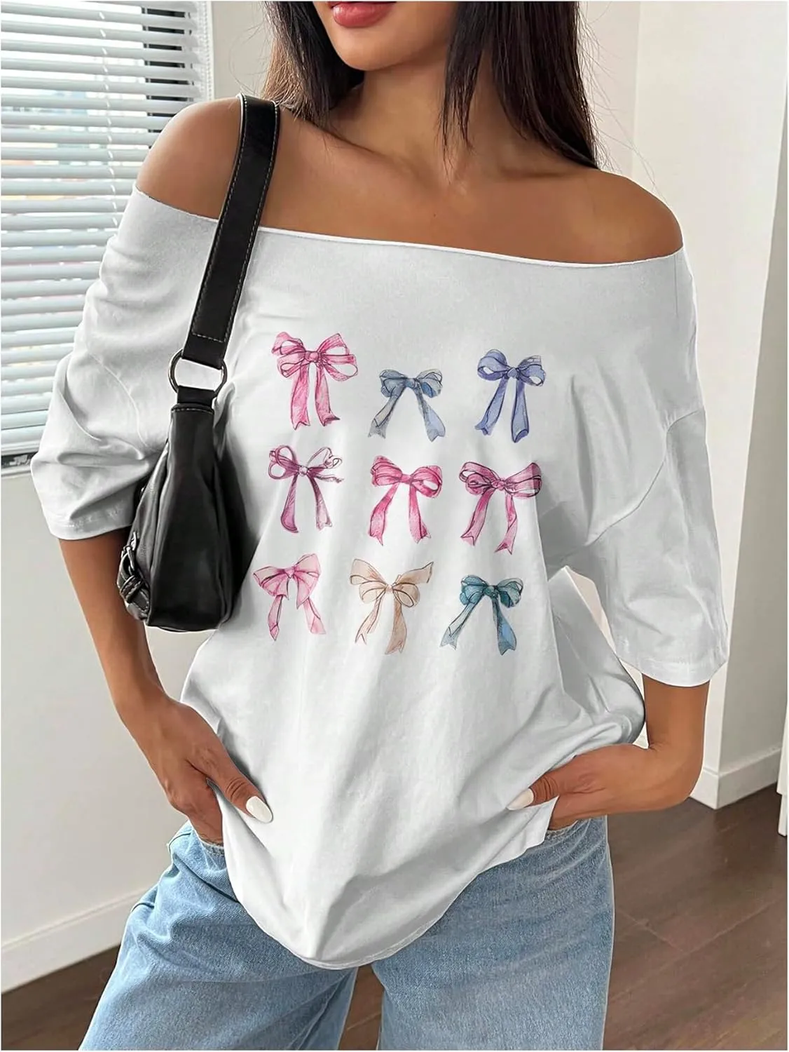 Women's Off The Shoulder Tops Floral Graphic Oversized Tshirts Shirts Y2k Summer Tops Trendy