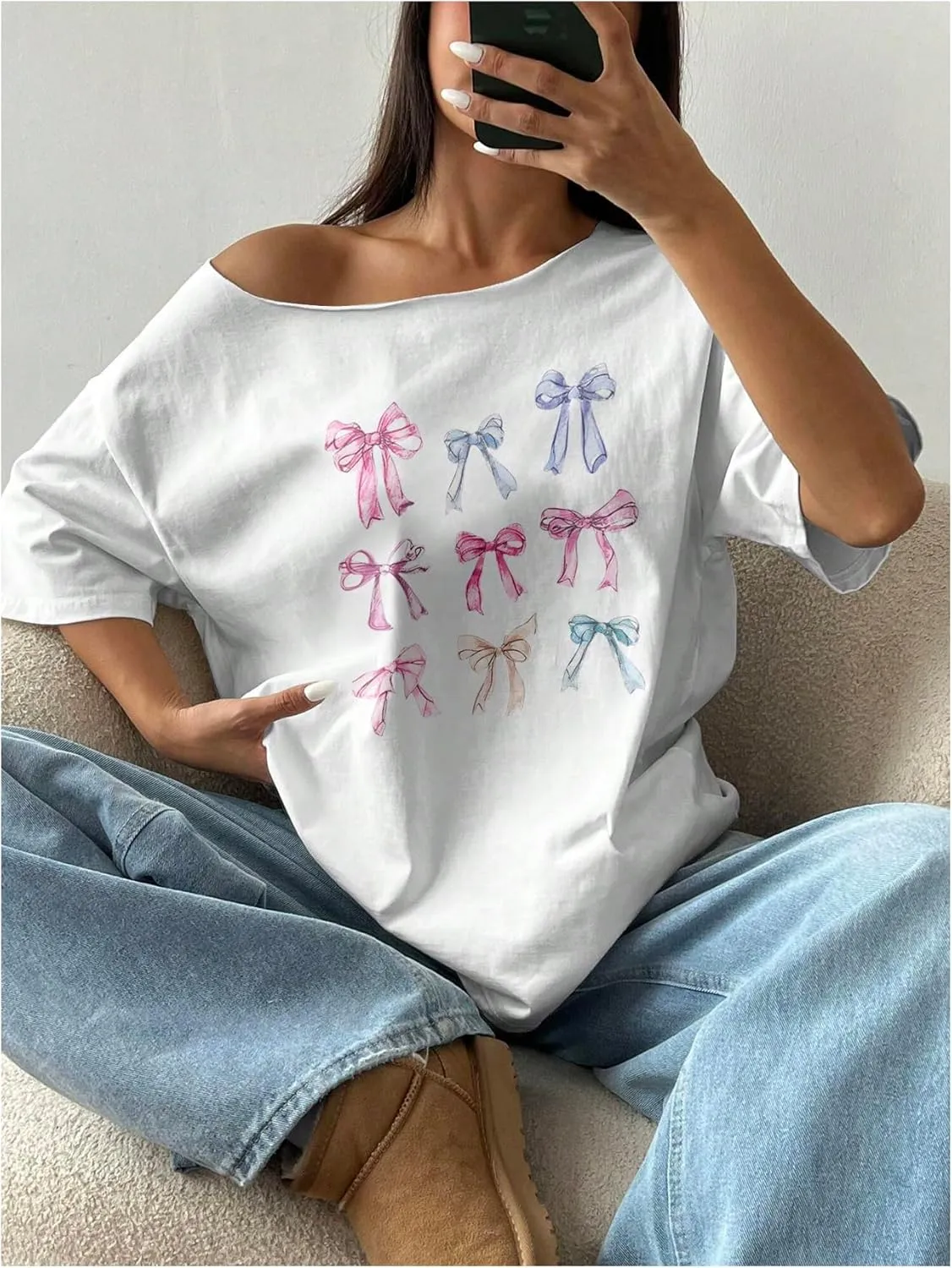 Women's Off The Shoulder Tops Floral Graphic Oversized Tshirts Shirts Y2k Summer Tops Trendy